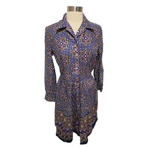 1960s 70s Vintage Womens Dress Purple Print Long Sleeve